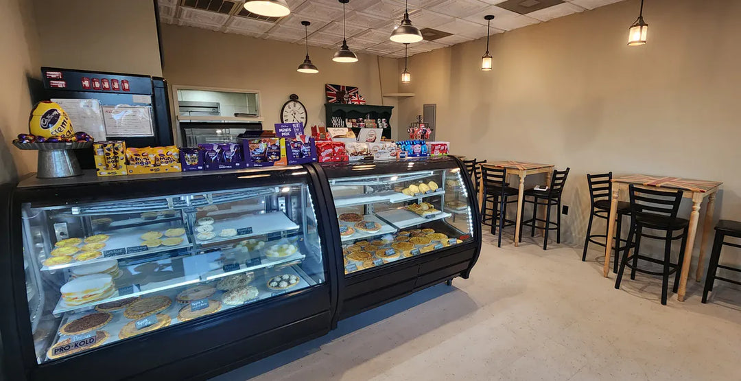 Pie Society marketplace shelves with imported British groceries